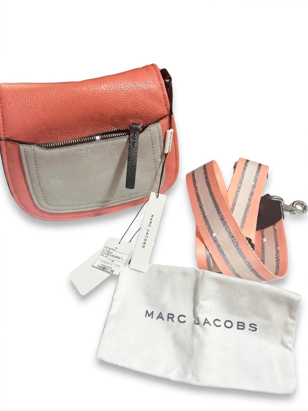 Marc Jacobs Coral and Light Gray Pebbled Leather Crossbody with Striped Strap